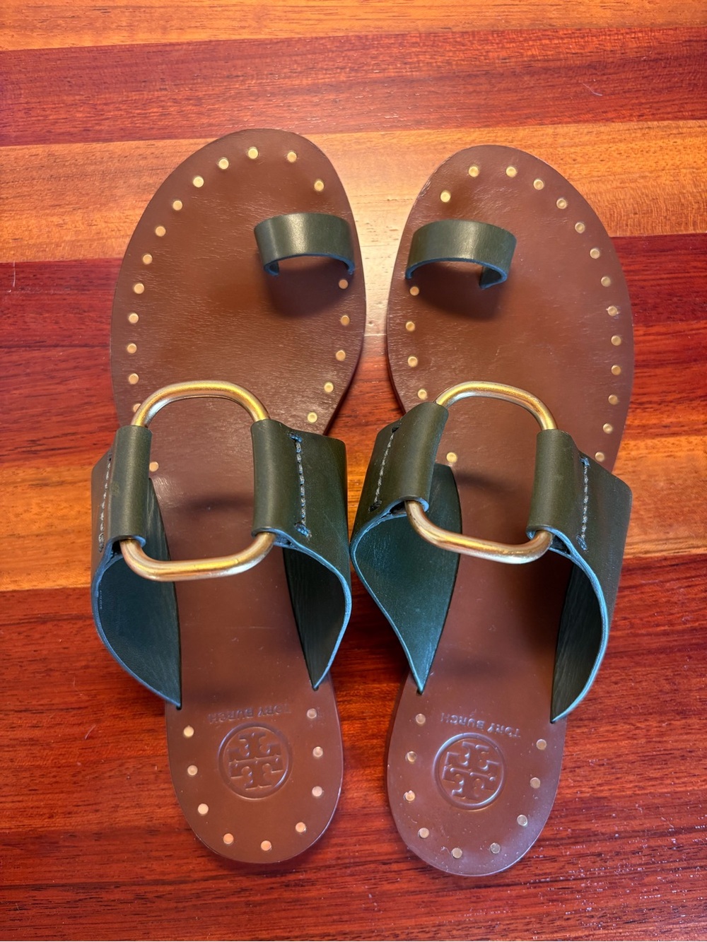 Tory Burch Brannan Studded Sandals in Olive Green Leather with Gold Hardware - Picture 4 of 14